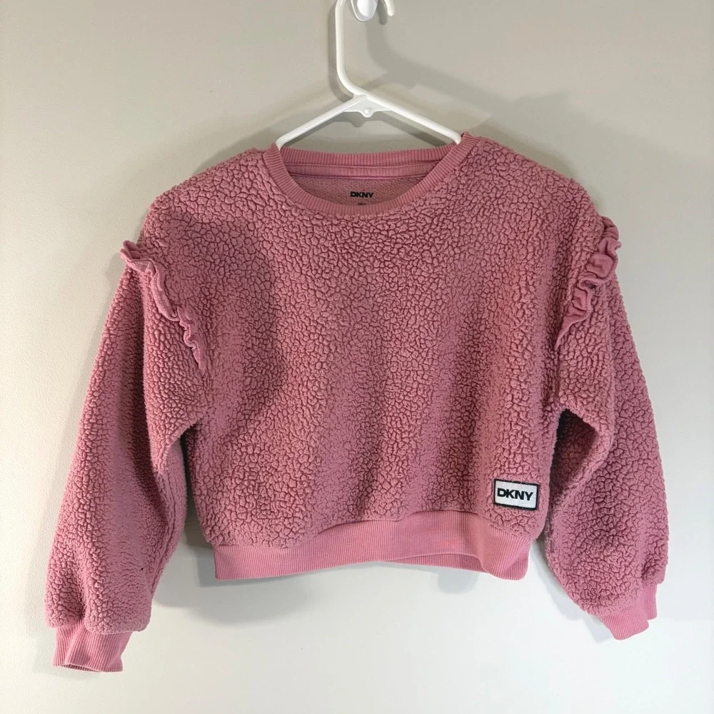 DKNY‎ Girls Pink Sherpa Fleece Ruffle Shoulder Sweatshirt Pullover Size 6X